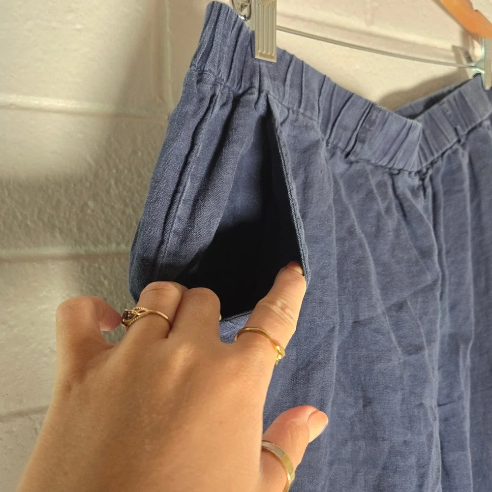 Quince Women Linen Pants Navy Large Elastic Waist Relaxed Cropped Boho Resort